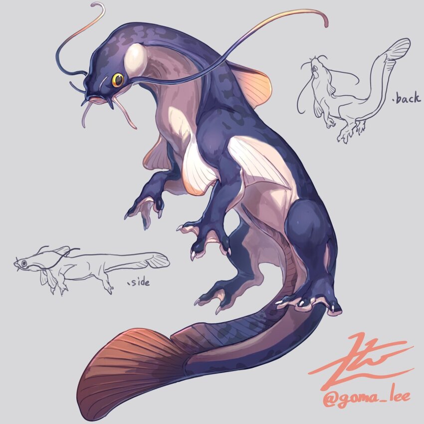 animal_focus arm_fins catfish chimera commentary creature english_commentary fins fish from_side grey_background highres looking_at_viewer multiple_views no_humans original signature simple_background tail twitter_username yamamura_le yellow_eyes