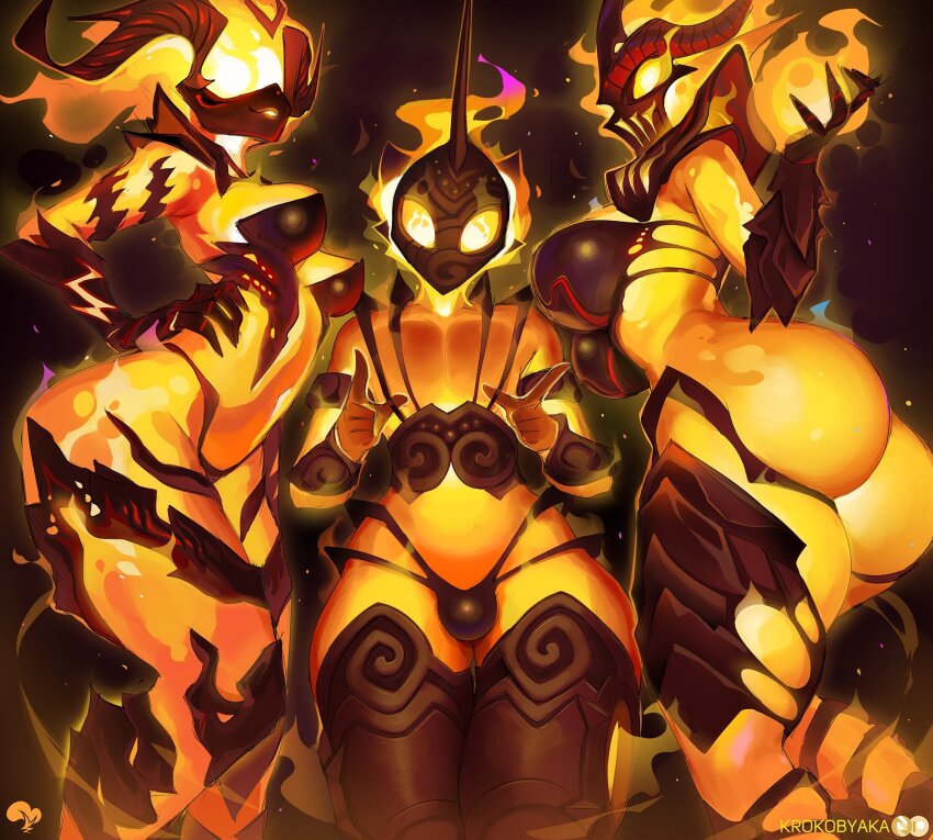 1boy 2girls artist_logo artist_name ass breasts bulge commentary elemental_(creature) english_commentary fire fire_elemental flame_atronach highres krokobyaka large_breasts leg_armor logo mask multiple_girls parted_lips smile the_elder_scrolls the_elder_scrolls_iii:_morrowind the_elder_scrolls_iv:_oblivion the_elder_scrolls_v:_skyrim