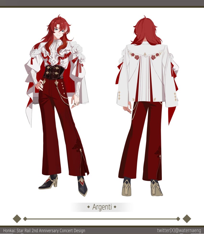 0jae 1boy ahoge aqua_eyes argenti_(honkai:_star_rail) back black_corset black_shoes border bow character_name closed_mouth commentary_request corset crystal_print english_text flower frills full_body gold_ring grey_border hair_between_eyes hand_on_own_hip high_heels highres honkai:_star_rail honkai_(series) jacket jewelry korean_commentary lapels long_hair long_sleeves looking_at_viewer multicolored_hair multiple_rings multiple_views neck_ribbon open_clothes open_jacket pants puffy_long_sleeves puffy_sleeves red_bow red_hair red_jacket red_pants red_pupils ribbon ring rose shirt shoes sidelocks smile standing streaked_hair twitter_username two-sided_fabric two-sided_jacket wavy_hair white_flower white_hair white_jacket white_ribbon white_rose white_shirt
