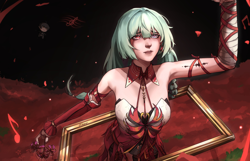 1boy 1girl absurdres arm_up bandaged_arm bandages bare_shoulders breasts closed_mouth commentary detached_sleeves dress english_commentary fingernails flower grey_eyes grey_hair halter_dress halterneck heterochromia highres holding holding_flower klazyvn long_hair male_rover_(wuthering_waves) medium_breasts musical_note nail_polish phrolova_(wuthering_waves) red_dress red_eyes red_nails red_petals rover_(wuthering_waves) single_detached_sleeve solo_focus spider_lily tacet_mark_(wuthering_waves) wuthering_waves