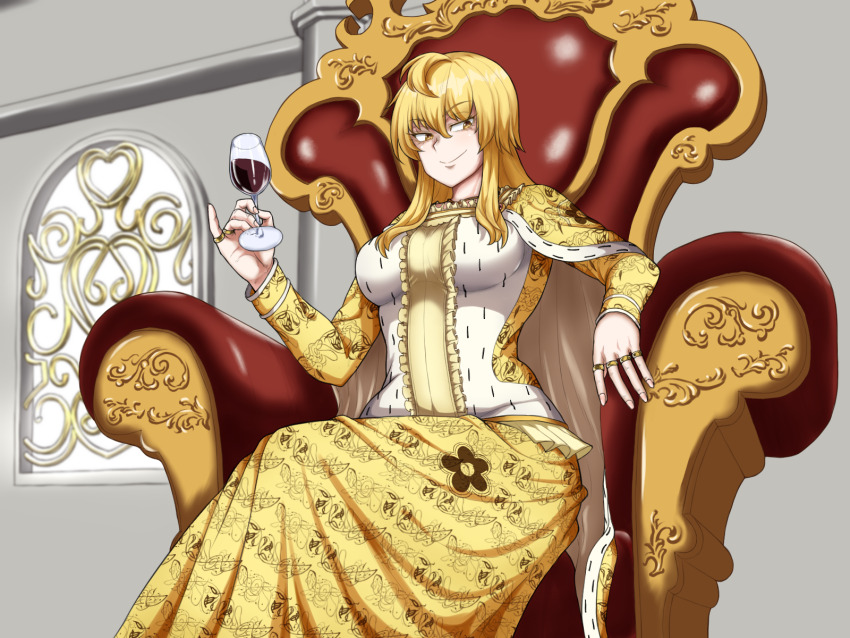 1girl alcohol blonde_hair breasts brown_eyes cape commission crossed_legs cup dress drinking_glass furrowed_brow gem highres indoors isabeau_de_baviere_(madoka_magica) jewelry large_breasts long_dress long_hair long_sleeves magia_record:_mahou_shoujo_madoka_magica_gaiden mahou_shoujo_madoka_magica mahou_shoujo_tart_magica mature_female messy_hair monicubase multiple_rings muscular muscular_female necklace pinky_out pixiv_commission queen red_wine ring royal_robe sidelocks sitting smirk tall_female throne wavy_hair wide_hips wine wine_glass