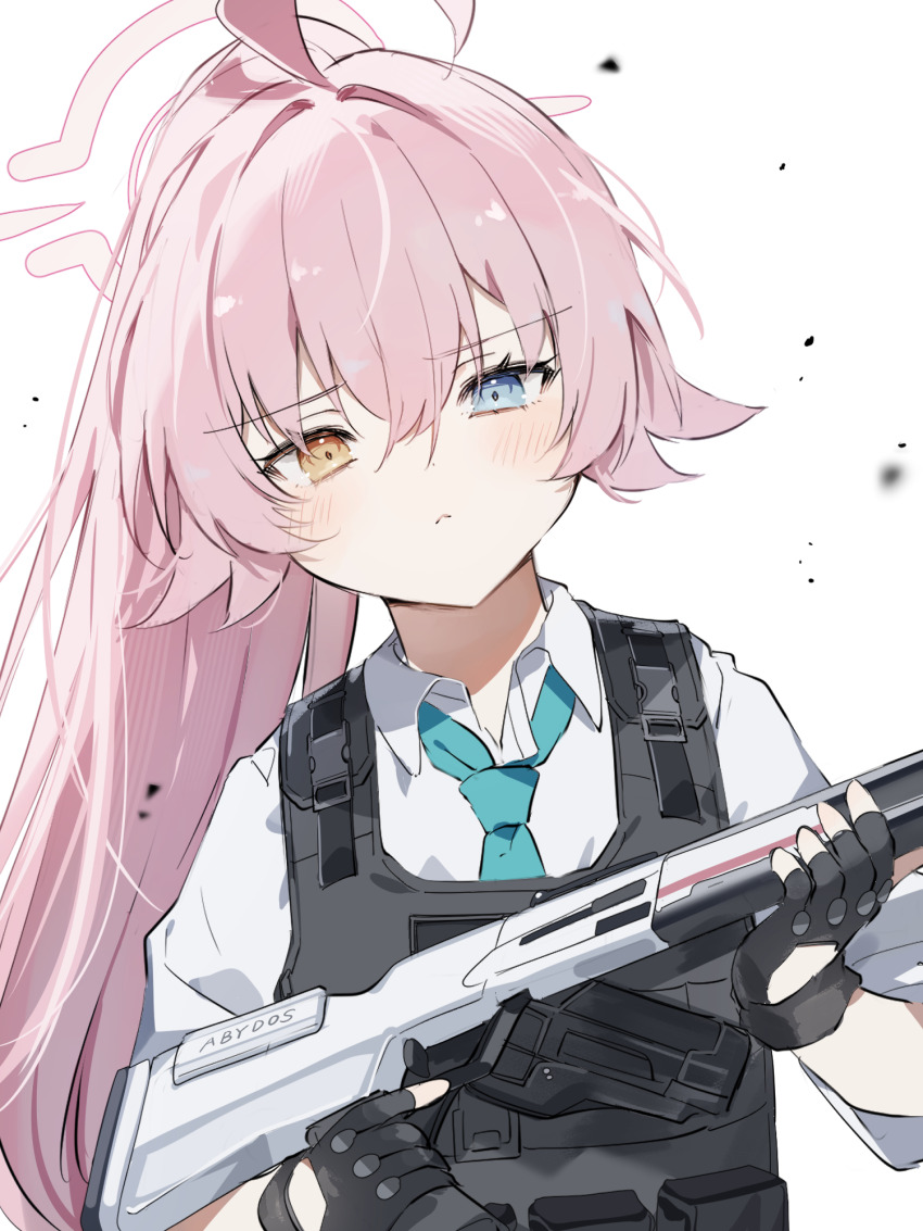 1girl ahoge aqua_necktie beretta_1301 black_gloves black_vest blue_archive bulletproof_vest collared_shirt commentary_request fingerless_gloves gloves gun halo head_tilt heterochromia highres holding holding_gun holding_weapon hoshino_(armed)_(blue_archive) hoshino_(blue_archive) long_hair long_sleeves looking_at_viewer necktie official_alternate_costume official_alternate_hairstyle pink_hair ponytail school_uniform shirt shotgun sidelocks simple_background solo sorani_(kaeru0768) upper_body vest vest_pouch weapon white_background white_shirt