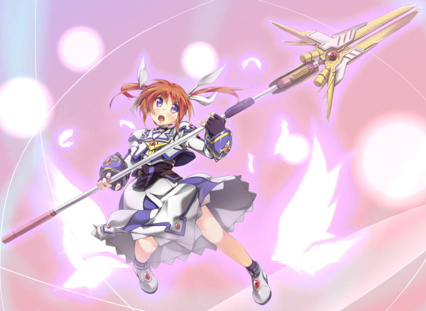 1girl blush female_focus fingerless_gloves gloves hair_ribbon lyrical_nanoha magazine_(weapon) magical_girl mahou_shoujo_lyrical_nanoha mahou_shoujo_lyrical_nanoha_a&#039;s mahou_shoujo_lyrical_nanoha_the_movie_2nd_a&#039;s morito morito_(mikamitouya) open_mouth orange_hair purple_eyes raising_heart raising_heart_(exelion_mode)_(2nd) red_hair ribbon shoes solo takamachi_nanoha takamachi_nanoha_(exelion_mode) twintails winged_footwear wings