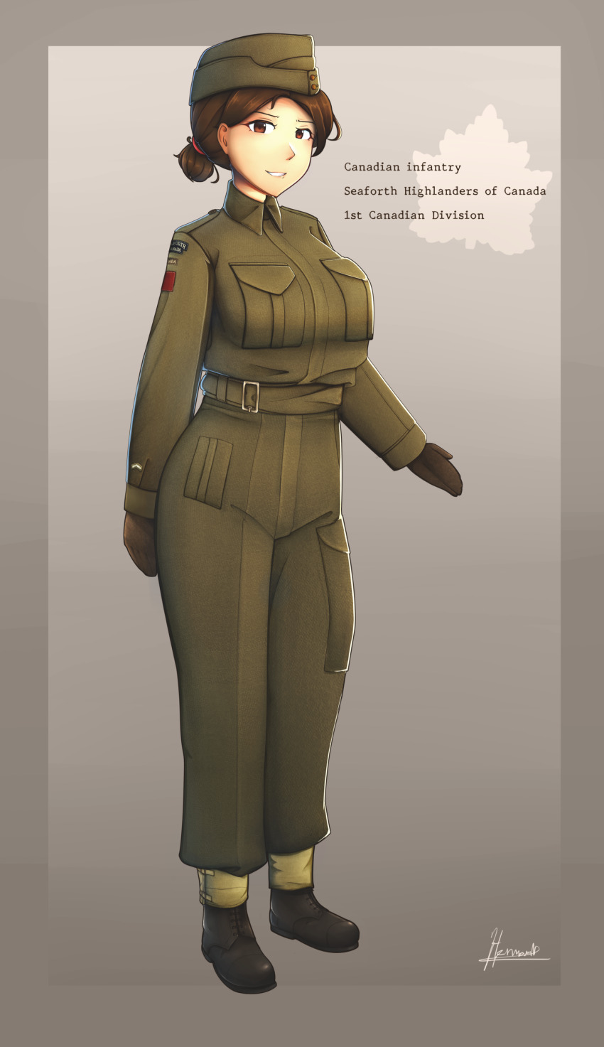 1girl absurdres black_footwear brown_eyes brown_gloves brown_hair canada canadian_army full_body gloves hat hermann highres insignia jacket looking_at_viewer md5_mismatch military military_hat military_rank_insignia military_uniform resolution_mismatch smile soldier source_larger world_war_ii