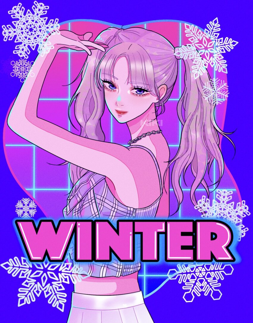 1girl aespa artist_name blonde_hair blue_eyes commentary_request cowboy_shot eyelashes eyeshadow highres k-pop lone_nape_hair makeup parted_bangs profile real_life red_lips sail_ofhope smile snowflakes solo twintails winter_(aespa)