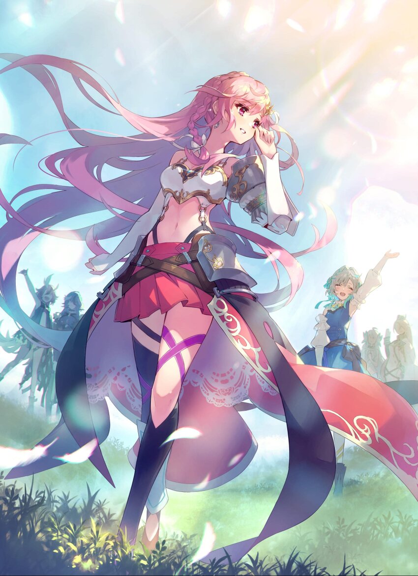 6+girls ^_^ absurdres ahoge arm_up armor blue_dress blurry blurry_background braid breastplate closed_eyes closed_mouth commentary_request detached_sleeves dress elbow_gloves floating_hair gloves grass hand_up hat hercule_(phantom_of_the_kill) high_heels highres long_hair long_sleeves mac_lir_(phantom_of_the_kill) manannan_(phantom_of_the_kill) midriff military_uniform mimir_(phantom_of_the_kill) multicolored_hair multiple_girls official_art open_mouth parted_lips phantom_of_the_kill pink_eyes pink_hair plain pleated_skirt ragnarok_(phantom_of_the_kill) red_skirt second-party_source shin_guards shoulder_armor single_thighhigh skirt smile standing streaked_hair teardrop thigh_strap thighhighs tyrfing_(phantom_of_the_kill) very_long_hair walking waving