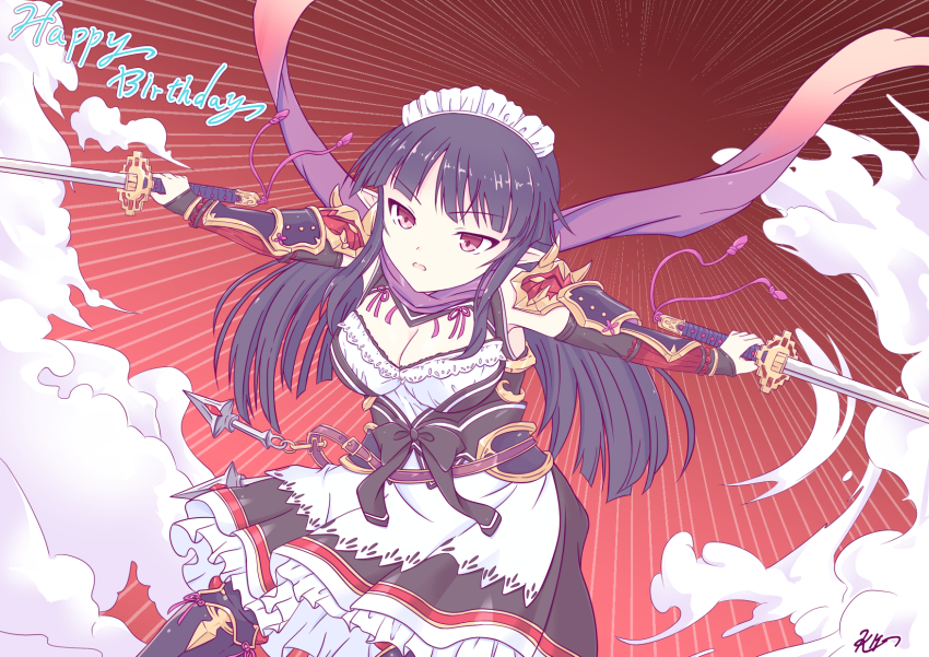 1girl beatrice_(iris_mysteria!) black_hair breasts cleavage dual_wielding highres holding holding_sword holding_weapon iris_mysteria! k_(nura-rikuo) large_breasts long_hair pink_eyes sword weapon