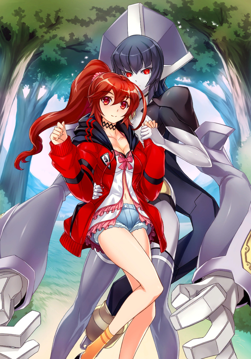 2girls ahoge alternate_costume babydoll blazblue blazblue:_chronophantasma blazblue_alternative:_dark_war blazblue_phase_0 blue_shorts breasts brown_eyes brown_hair cape celica_a._mercury cleavage collar cutoffs denim denim_shorts grey_hair hair_ornament hair_scrunchie holding_hands highres hood hoodie jacket medium_breasts micro_shorts midriff minerva_(blazblue) multiple_girls navel official_art open_clothes open_jacket ponytail red_eyes red_hoodie red_jacket red_ribbon ribbon robot scrunchie short_shorts shorts smile