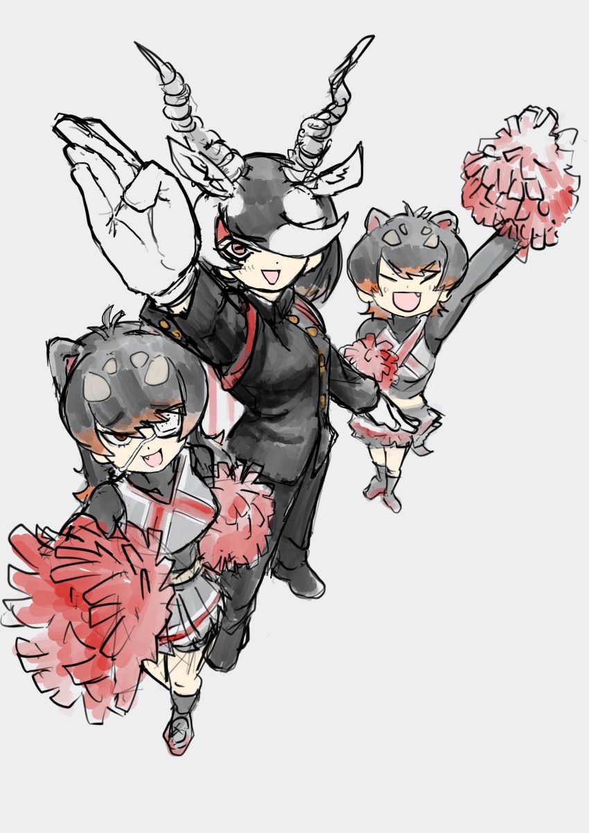 3girls absurdres alternate_costume antelope_ears antelope_horns australian_devil_(kemono_friends) black_hair black_pants black_shirt black_socks blackbuck_(kemono_friends) blush brown_eyes brown_hair cheerleader crop_top extra_ears eyepatch fang from_above gloves gobe_x_protocol grey_shirt grey_skirt hair_between_eyes hair_over_one_eye height_difference high_collar highres kemono_friends long_hair long_sleeves looking_at_viewer medical_eyepatch midriff_peek multicolored_hair multicolored_skirt multiple_girls open_mouth ouendan pants pleated_skirt pom_pom_(cheerleading) red_eyes red_pom_poms red_skirt red_trim shirt short_hair sidelocks skirt smile socks sweat tasmanian_devil_(kemono_friends) tasmanian_devil_ears tasmanian_devil_tail two-tone_hair white_gloves white_hair
