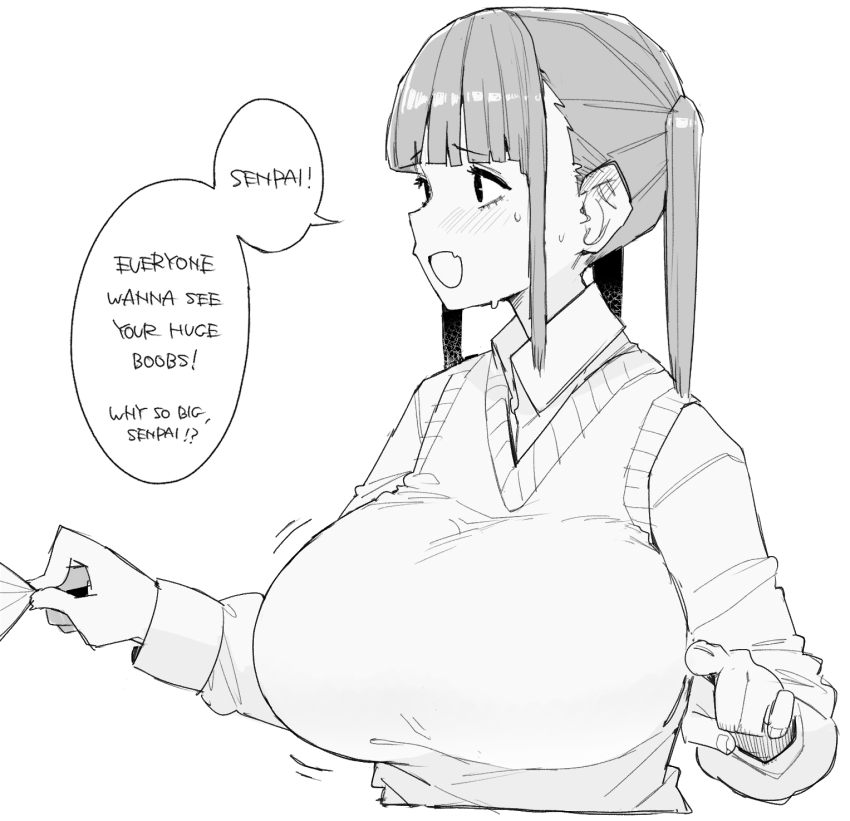 1girl blunt_bangs blush boobs_kouhai_(ohasi) breasts clothes_tug collared_shirt commentary ear_blush english_text fang furrowed_brow greyscale highres large_breasts long_sleeves monochrome motion_lines ohasi open_mouth original pointing pointing_at_viewer shirt sidelocks simple_background skin_fang speech_bubble sweat sweater_vest symbol-only_commentary twintails upper_body white_background
