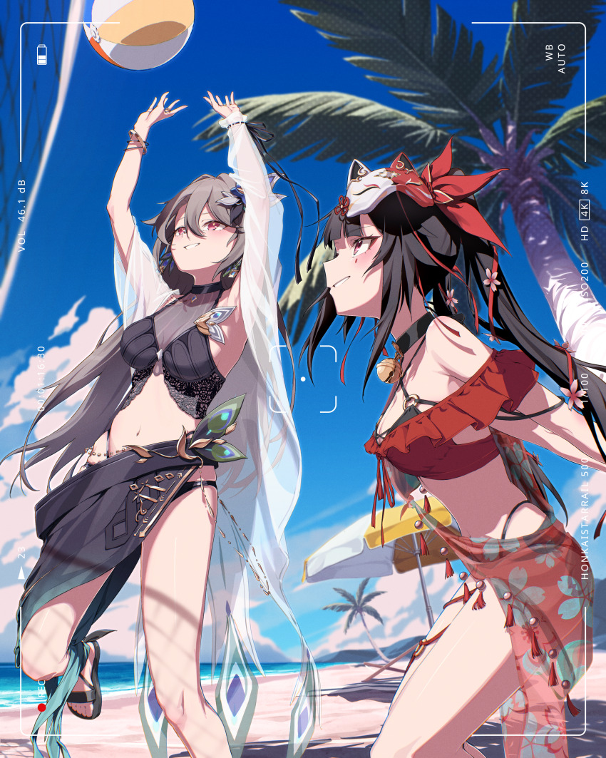 2girls absurdres alternate_costume arms_up ball bare_shoulders battery_indicator beach beach_umbrella beach_volleyball bell bikini black_bikini black_choker black_hair black_sandals blue_sky bracelet breasts choker cloud commentary_request floral_print flower fox_mask grey_hair grin hair_between_eyes hair_flower hair_ornament highres honkai:_star_rail honkai_(series) honkai_impact_3rd jewelry large_breasts long_hair looking_at_object looking_up mark_under_eye mask mask_on_head medium_breasts multiple_girls navel neck_bell off-shoulder_bikini off_shoulder outdoors palm_tree parted_lips pink_eyes pink_flower playing_sports recording red_eyes red_sarong sand sandals sarong see-through_cleavage see-through_clothes sky smile sparkle_(honkai:_star_rail) standing standing_on_one_leg swimsuit swimsuit_cover-up tree twintails umbrella very_long_hair viewfinder vita_(honkai_impact) volleyball_(object) water yo_na