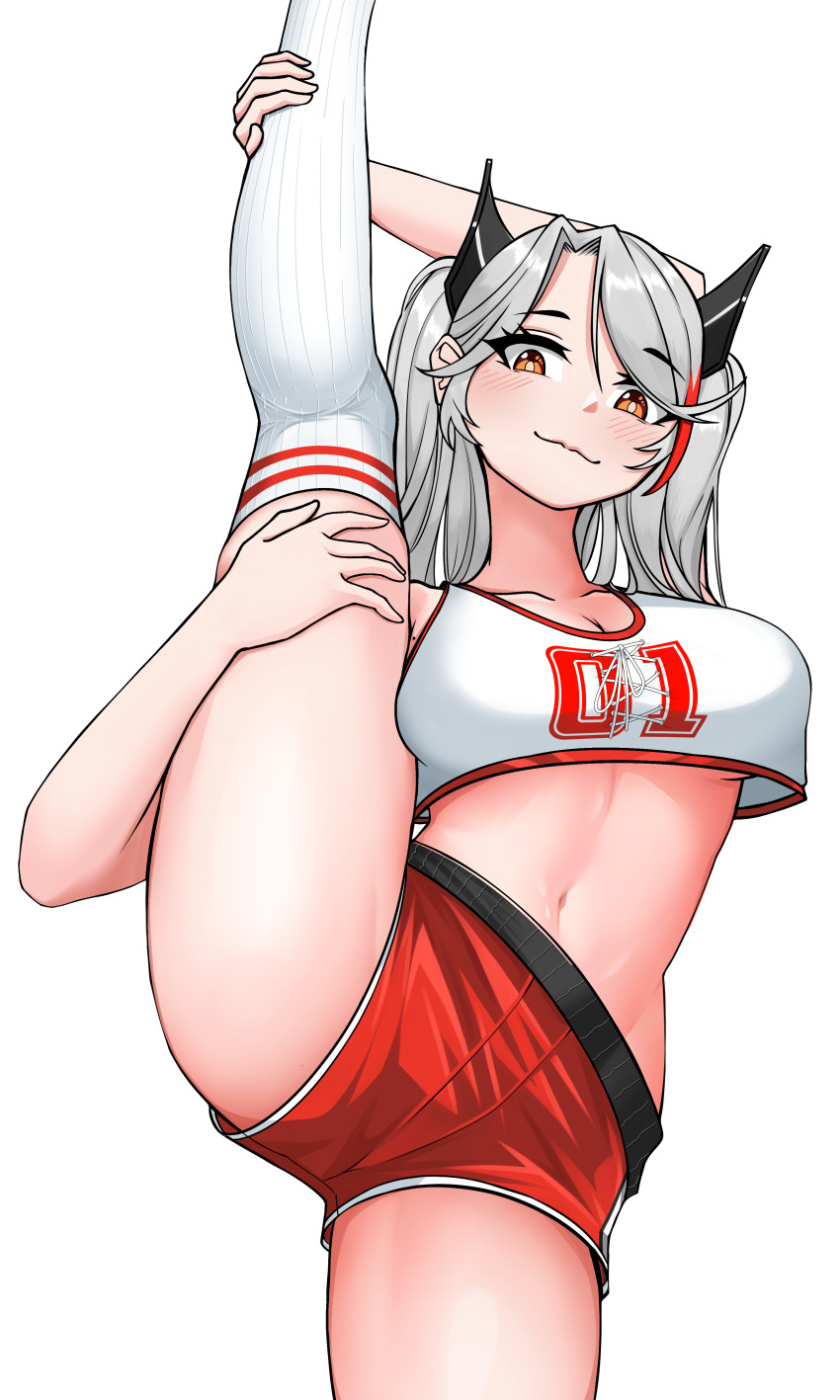 1girl :3 absurdres azur_lane blush breasts cleavage crop_top flexible grabbing_own_thigh hair_over_one_eye headgear highres leg_hold legs long_hair medium_breasts midriff multicolored_hair navel notsushi orange_eyes prinz_eugen_(azur_lane) prinz_eugen_(brilliant_touchdown)_(azur_lane) red_hair red_shorts short_shorts shorts solo split standing standing_on_one_leg standing_split streaked_hair thighhighs thighs two-tone_hair white_hair