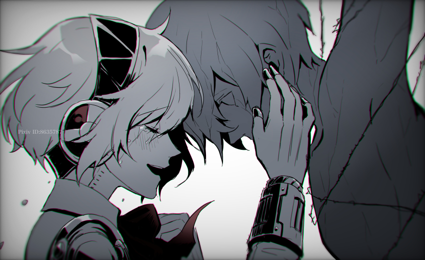 1boy 1girl absurdres aigis_(persona) android closed_eyes crying eme_(204) hand_on_another&#039;s_head highres open_mouth persona persona_3 persona_3_the_answer red_ribbon ribbon simple_background yuuki_makoto_(persona_3)