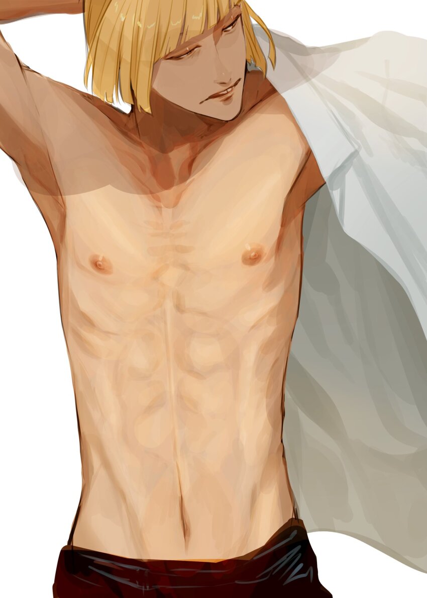 1boy ajuji_aju black_pants bleach blonde_hair blunt_bangs blunt_ends bob_cut dressing highres hirako_shinji looking_to_the_side male_focus navel nipples pants shirt short_hair simple_background skinny teeth upper_body white_background white_shirt