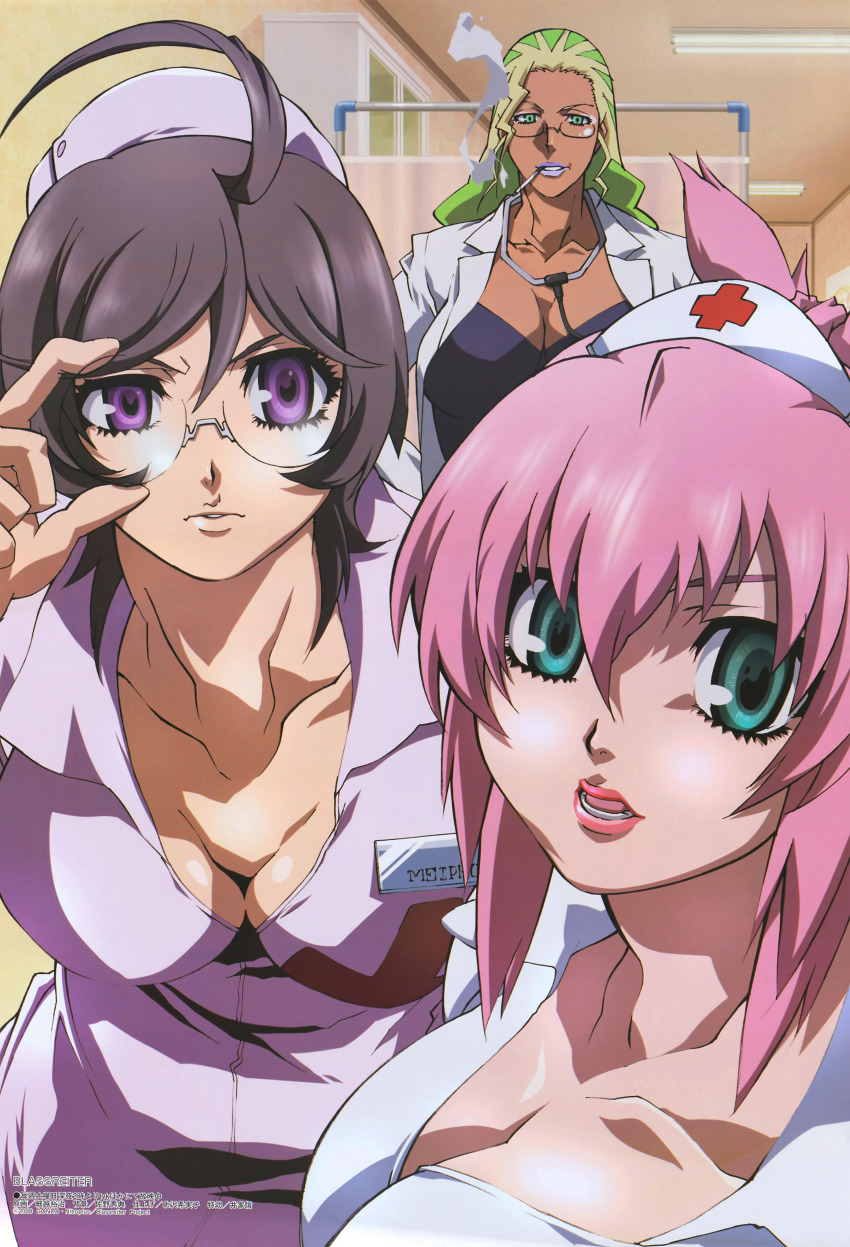 00s 3girls absurdres adjusting_eyewear ahoge amanda_werner annoyed aqua_eyes beatrice_grese blassreiter blonde_hair breasts cigarette cleavage dark-skinned_female dark_skin doctor glasses green_eyes green_hair grey_hair hat highres lab_coat large_breasts lips lipstick long_hair makeup megami_magazine mei_feng_liu multicolored_hair multiple_girls nitroplus nurse open_mouth pink_hair purple_eyes short_hair smoke smoking stethoscope teeth two-tone_hair