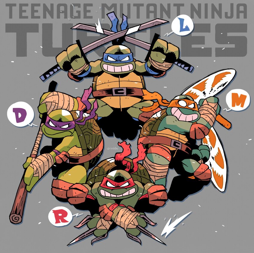 4boys absurdres copyright_name donatello_(tmnt) dual_wielding highres holding holding_sword holding_weapon katana leonardo_(tmnt) male_focus mask michelangelo_(tmnt) mixed-language_commentary multiple_boys ninja nunchaku raphael_(tmnt) rariatto_(ganguri) sai_(weapon) smile staff sword teenage_mutant_ninja_turtles teenage_mutant_ninja_turtles_(1987) teenage_mutant_ninja_turtles_(2012) turtle weapon white_eyes