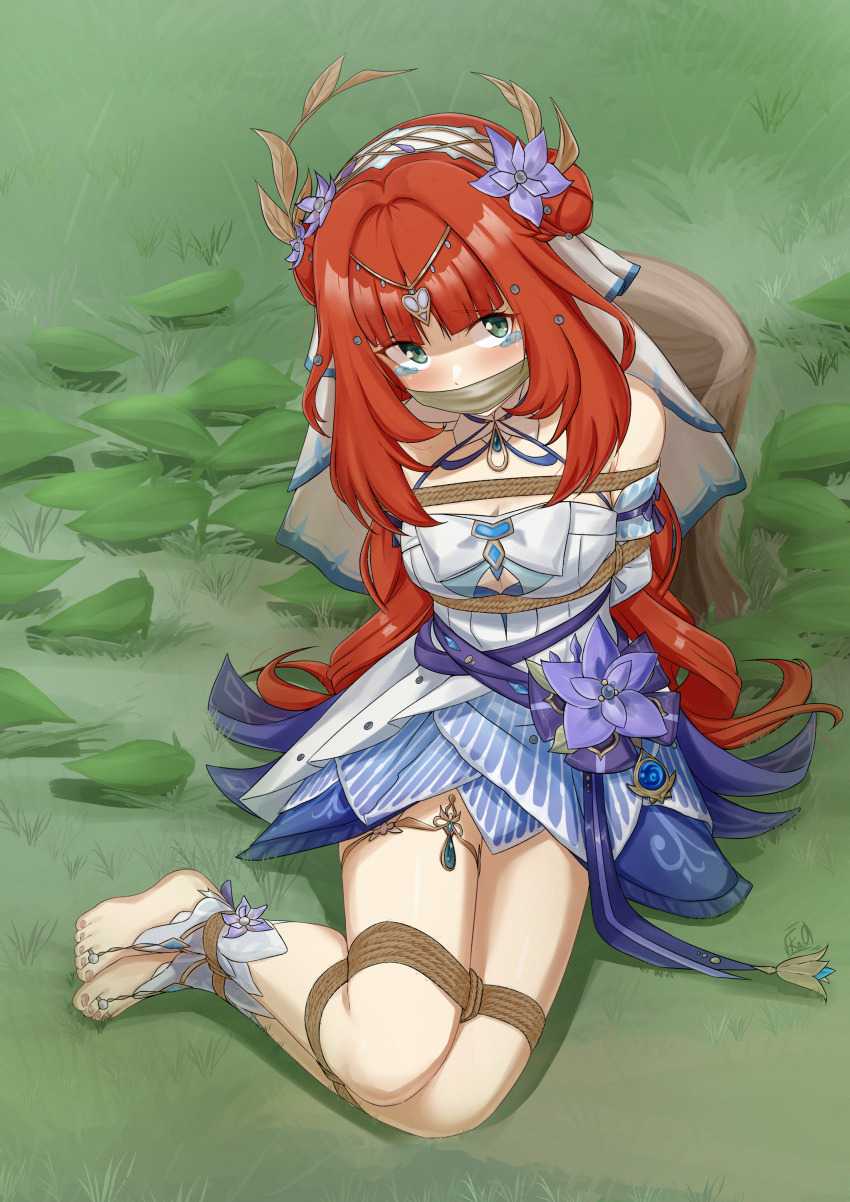 1girl absurdres arms_behind_back bare_legs bare_shoulders barefoot bdsm blunt_bangs blush bondage bound bound_ankles bound_arms bound_legs breasts cleavage cloth_gag commentary commission english_commentary flower gag gagged genshin_impact grass green_eyes hair_flower hair_ornament hairband highres improvised_gag looking_at_viewer medium_breasts nilou_(breeze_of_sabaa)_(genshin_impact) nilou_(genshin_impact) official_alternate_costume outdoors purple_flower purple_sash red_hair rope sash shibari sitting solo tears thighs tied_up_(nonsexual) vakaosciosa white_hairband yokozuwari
