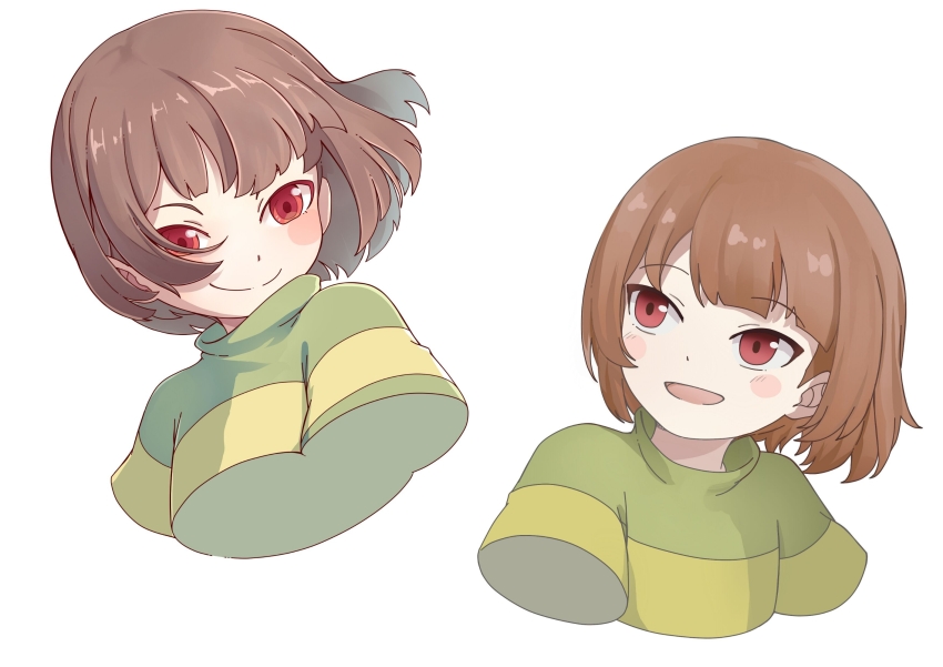 1other androgynous animification blunt_bangs blush_stickers bob_cut c: chara_(undertale) green_shorts highres light_brown_hair light_smile multiple_views open_mouth other_focus portrait red_eyes shirt short_hair shorts simple_background smile split_mouth striped_clothes striped_shirt tsurime undertale white_background youzaiyouzai112