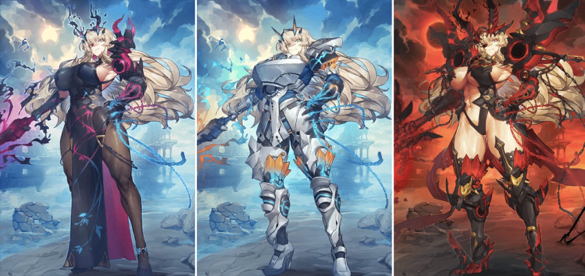 1girl abs alternate_costume armor armored_boots armored_leotard armpits asymmetrical_armor asymmetrical_gloves aura barghest_(fate) barghest_(first_ascension)_(fate) barghest_(second_ascension)_(fate) barghest_(third_ascension)_(fate) bikini_armor black_boots black_gauntlets black_gloves black_horns black_leotard black_moon black_pants black_pantyhose black_sclera black_shoes black_sun black_thighhighs blonde_hair blue_background blue_eyes blue_fire blue_tunic boots breastplate breasts chain cleavage cleavage_cutout closed_mouth clothing_cutout cloud cloudy_sky colored_sclera day detached_sleeves dress eclipse energy exoskeleton expressionless fairy_sword_galatine fate/grand_order fate_(series) faulds fiery_background fiery_horns fire flaming_sword flaming_weapon floating_hair full_body game_cg gauntlets gloves glowing glowing_chain glowing_eyes glowing_sword glowing_weapon gluteal_fold hair_between_eyes hand_on_own_hip heterochromia high_collar high_heel_boots high_heels highleg highleg_leotard holding holding_sword holding_weapon horns huge_weapon impossible_clothes impossible_dress impossible_leotard large_breasts lava legs_apart leotard long_dress long_hair looking_at_viewer magic melon22 mismatched_gloves moon muscular muscular_arms muscular_female muscular_legs navel navel_cutout official_alternate_costume official_art orange_background outstretched_arm pants pantyhose parted_lips pauldrons pelvic_curtain polearm pumps red_eyes red_moon red_sky red_sleeves see-through_cleavage see-through_clothes shoes shoulder_armor side_slit sideboob single_gauntlet sky sleeveless sleeveless_dress smile solo spear standing stomach_cutout sun sword thick_thighs thigh_boots thighhighs thighs third-party_source toned toned_female toned_stomach tunic underboob underboob_cutout variant_set waist_cape weapon