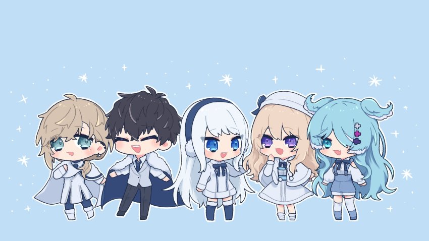 2boys 3girls ^_^ ban_hada black_hair black_pants blonde_hair blue_cape blue_eyes blue_footwear blue_hair blue_headwear blue_jacket blue_shorts blue_thighhighs boots brown_hair cape chibi closed_eyes earmuffs elira_pendora fur_trim hair_over_one_eye head_wings highres jacket kanae_(nijisanji) kousuke_(otmr0000) long_hair multiple_boys multiple_girls nijisanji nijisanji_en nijisanji_id nijisanji_kr one_eye_covered open_mouth pants purple_eyes reza_avanluna shorts smile so_nagi suspenders thigh_boots thighhighs virtual_youtuber white_background wings