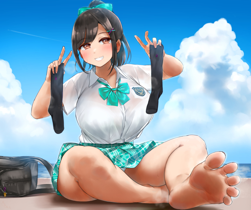 1girl bag barefoot black_hair black_legwear blue_sky blush breasts brown_eyes cloud double_v feet grin hair_ornament hairclip highres ikinari_mojio large_breasts long_hair looking_at_viewer original outdoors panties pantyshot ponytail school_bag school_uniform sitting sky smile socks soles solo sweat toes underwear unworn_socks v white_panties