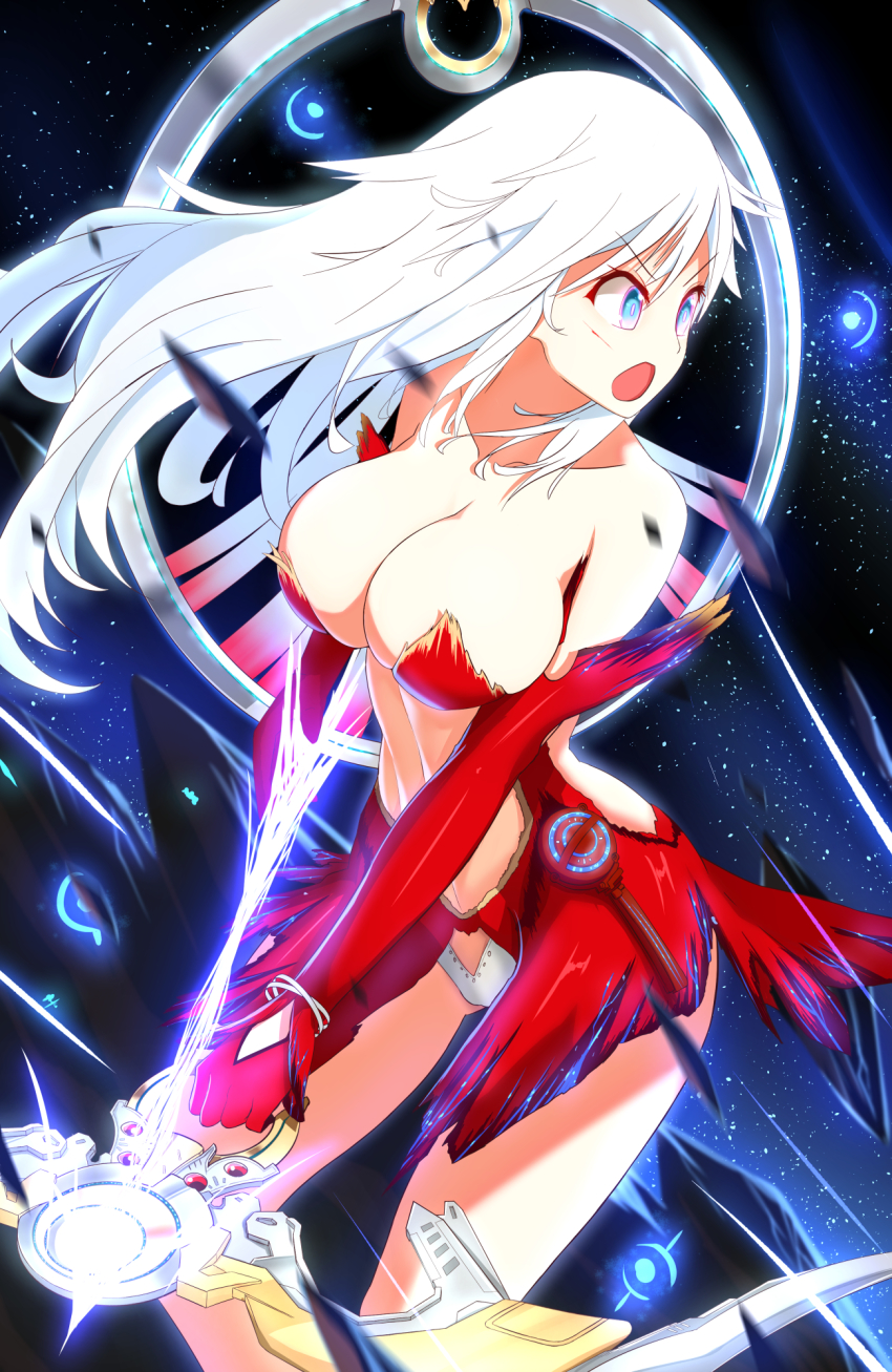 1girl arrow_(projectile) artemis_(fate) artemis_(third_ascension)_(fate) bare_shoulders blue_eyes breasts cleavage collarbone dress fate/grand_order fate_(series) female_focus highres injury jewelry large_breasts long_hair nekoda_(maoda) open_mouth solo weapon white_hair