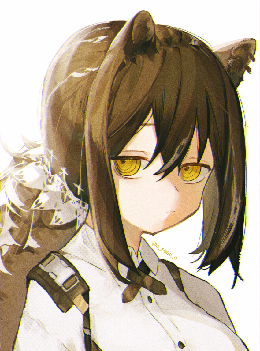 1girl animal_ears arknights brown_hair buttons chromatic_aberration closed_mouth collared_shirt commentary_request expressionless film_grain hair_between_eyes highres long_hair looking_at_viewer o_eeee_o partial_commentary ponytail portrait ringed_eyes robin_(arknights) shirt sidelocks simple_background solo white_background white_shirt yellow_eyes