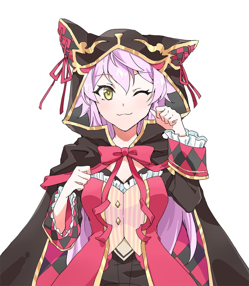 1girl :3 ;) animal_ear_hood animal_ears animal_hood black_cape black_shorts bow bowtie cape cat_hood checkered_cape checkered_clothes checkered_sleeves chinese_commentary clenched_hands closed_mouth commentary_request dress fake_animal_ears frilled_dress frills gold_trim hair_between_eyes hand_up highres hood hooded_cape light_blush long_hair long_ribbon long_sleeves looking_at_viewer official_alternate_costume one_eye_closed otonashi_ichie paw_pose pink_bow pink_bowtie pink_dress pink_ribbon purple_hair ribbon ribbon-trimmed_hood rowan_(kanonsecret) short_dress shorts shoujo_kageki_revue_starlight shoujo_kageki_revue_starlight_-re_live- simple_background smile solo straight-on striped_clothes striped_dress upper_body vertical-striped_clothes vertical-striped_dress very_long_hair white_background wide_sleeves yellow_eyes