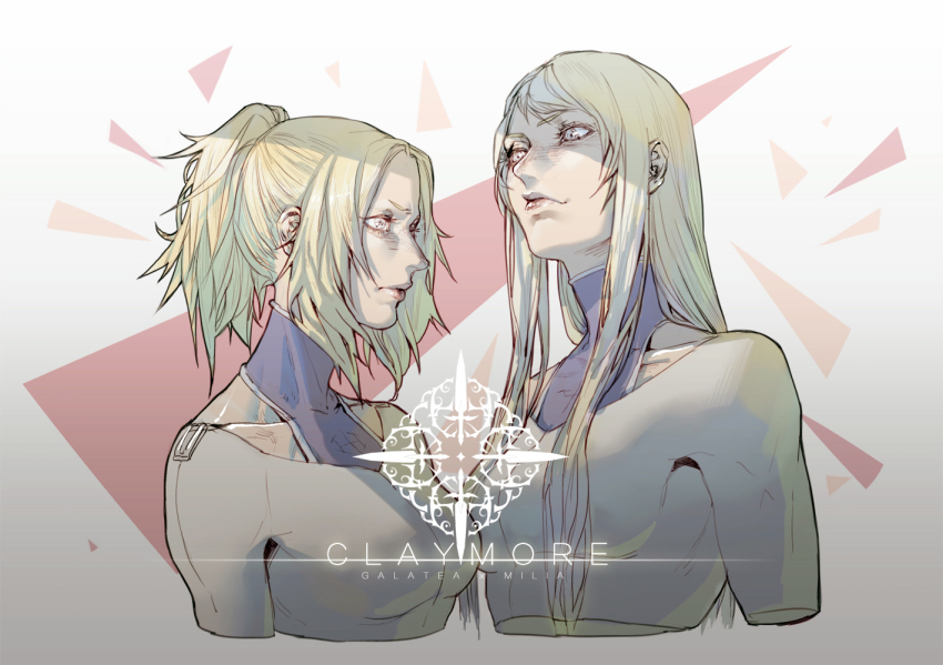 2girls blonde_hair bodysuit breasts character_name claymore_(series) collarbone copyright_name cropped_arms cropped_torso galatea grey_eyes hebi_utage lips long_hair medium_breasts miria multiple_girls ponytail short_ponytail sketch