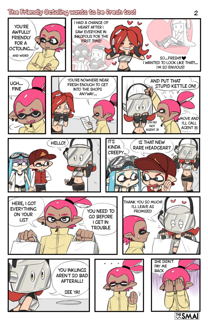 2boys 2girls bag blue_hair bucket_hat english_text goggles hat highres inkling inkling_boy inkling_girl inkling_player_character multiple_boys multiple_girls nintendo pink_hair red_hair sami_(artist) sami_briggs shopping_bag simple_background splatoon_(series) splatoon_1 takozonesu tentacle_hair