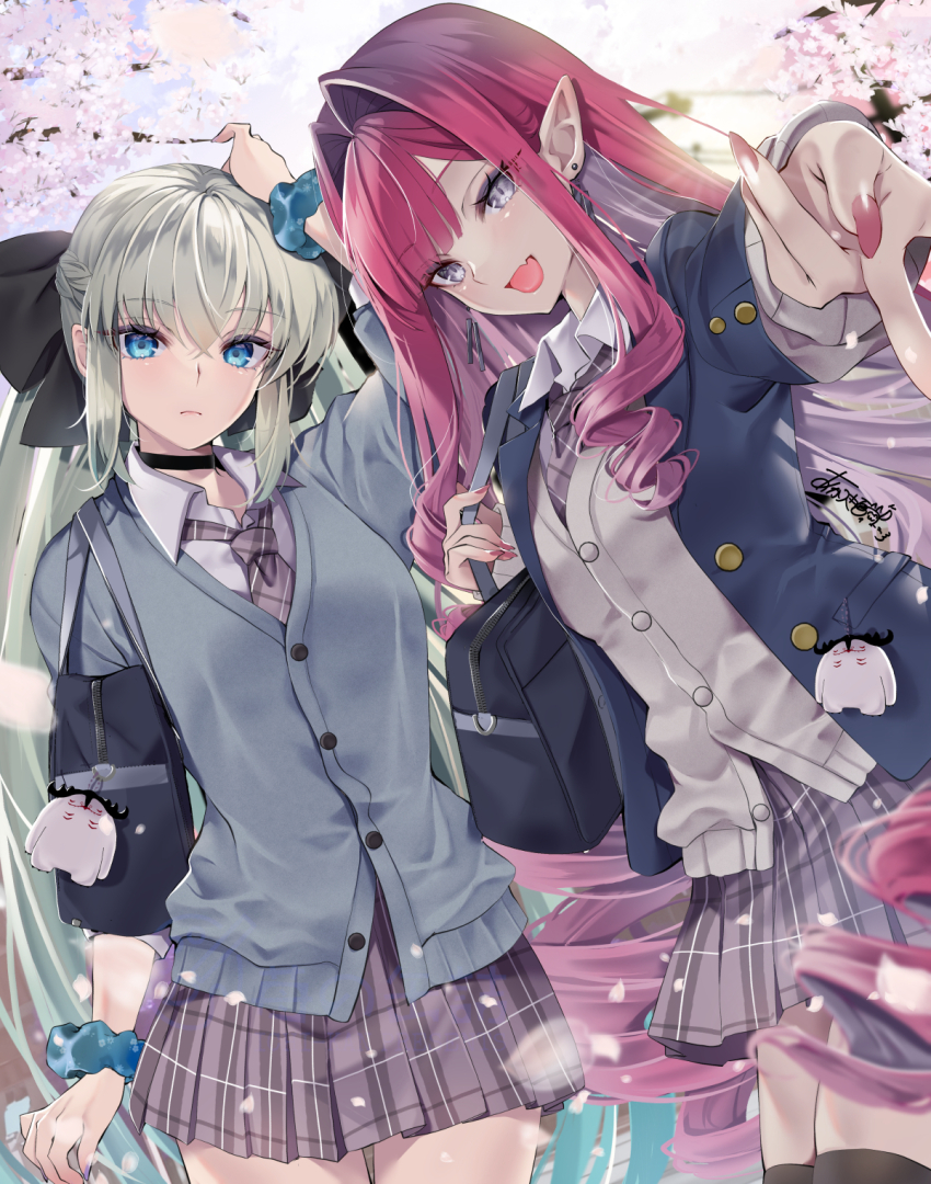 2girls akatsuki_hijiri alternate_costume bag baobhan_sith_(fate) black_bow bow closed_mouth collared_shirt curly_hair earrings fang fate/grand_order fate_(series) gyaru_v hair_bow highres jacket jewelry long_hair long_sleeves looking_at_viewer morgan_le_fay_(fate) multiple_girls necktie open_clothes open_jacket open_mouth pointy_ears school_bag school_uniform scrunchie shirt skirt smile standing stud_earrings v wrist_scrunchie