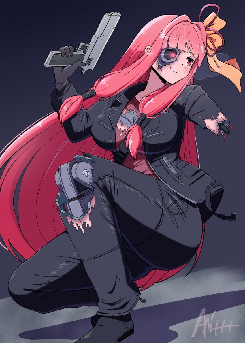 1girl absurdres android black_background black_footwear black_pants black_suit breasts commission cosplay costume_switch damaged expressionless formal_clothes glowing glowing_eye gun hair_ribbon highres holding holding_gun holding_weapon jacket kotonoha_akane long_hair mechabare pants pink_hair pixiv_commission ribbon solo squatting suit t-800 t-800_(cosplay) terminator_(series) terminator_2:_judgment_day the_terminator turtleneck voiceroid weapon yayoi841