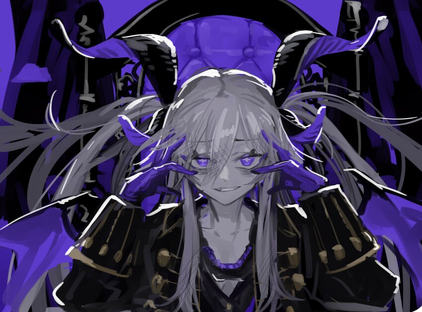 1girl absurdres bags_under_eyes black_coat coat colored_skin commentary_request copyright_request cross-shaped_pupils curled_horns demon_horns demon_wings gloves gold_trim grey_hair grey_skin grin hair_between_eyes hands_on_own_head hands_up highres hijirime_laeria horns ikuhana_niiro indie_virtual_youtuber limited_palette long_hair looking_at_viewer purple_background purple_eyes purple_gloves sanpaku sidelocks sleeve_cuffs smile solo symbol-shaped_pupils throne two_side_up upper_body virtual_youtuber wings