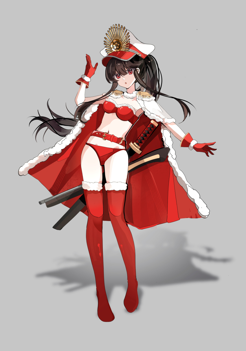 1girl absurdres alternate_costume belt bikini black_hair breasts cape fate/grand_order fate_(series) full_body fur_trim gloves hat highres katana looking_at_viewer navel oda_nobunaga_(fate) oda_nobunaga_(koha-ace) oda_uri parted_lips peaked_cap ponytail red_belt red_bikini red_cape red_eyes red_gloves red_thighhighs santa_bikini santa_costume simple_background small_breasts solo swimsuit sword thighhighs two-sided_cape two-sided_fabric weapon white_cape white_hat xixing_chun