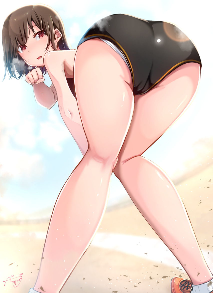 1boy blue_sky brown_hair highres panties sky track_and_field underwear white_panties