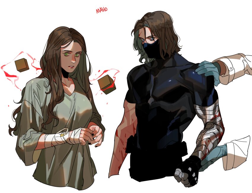 1boy 1girl 2others absurdres artist_name avengers:_age_of_ultron avengers_(series) bandaged_arm bandages black_mask black_shirt blood blood_on_arm blue_eyes blue_gloves breasts brown_hair bucky_barnes captain_america:_the_winter_soldier captain_america_(series) collarbone commentary_request covered_collarbone covered_mouth cube dress fingerless_gloves gloves green_eyes grey_dress hand_on_another&#039;s_shoulder highres karmaho korean_commentary long_hair long_sleeves looking_at_viewer magic marvel marvel_cinematic_universe mask medium_breasts mouth_mask multiple_others muscular muscular_male prosthesis prosthetic_arm red_lips robe shirt short_hair short_sleeves simple_background single_glove teeth telekinesis wanda_maximoff wavy_hair white_background white_gloves white_robe wide_sleeves winter_soldier