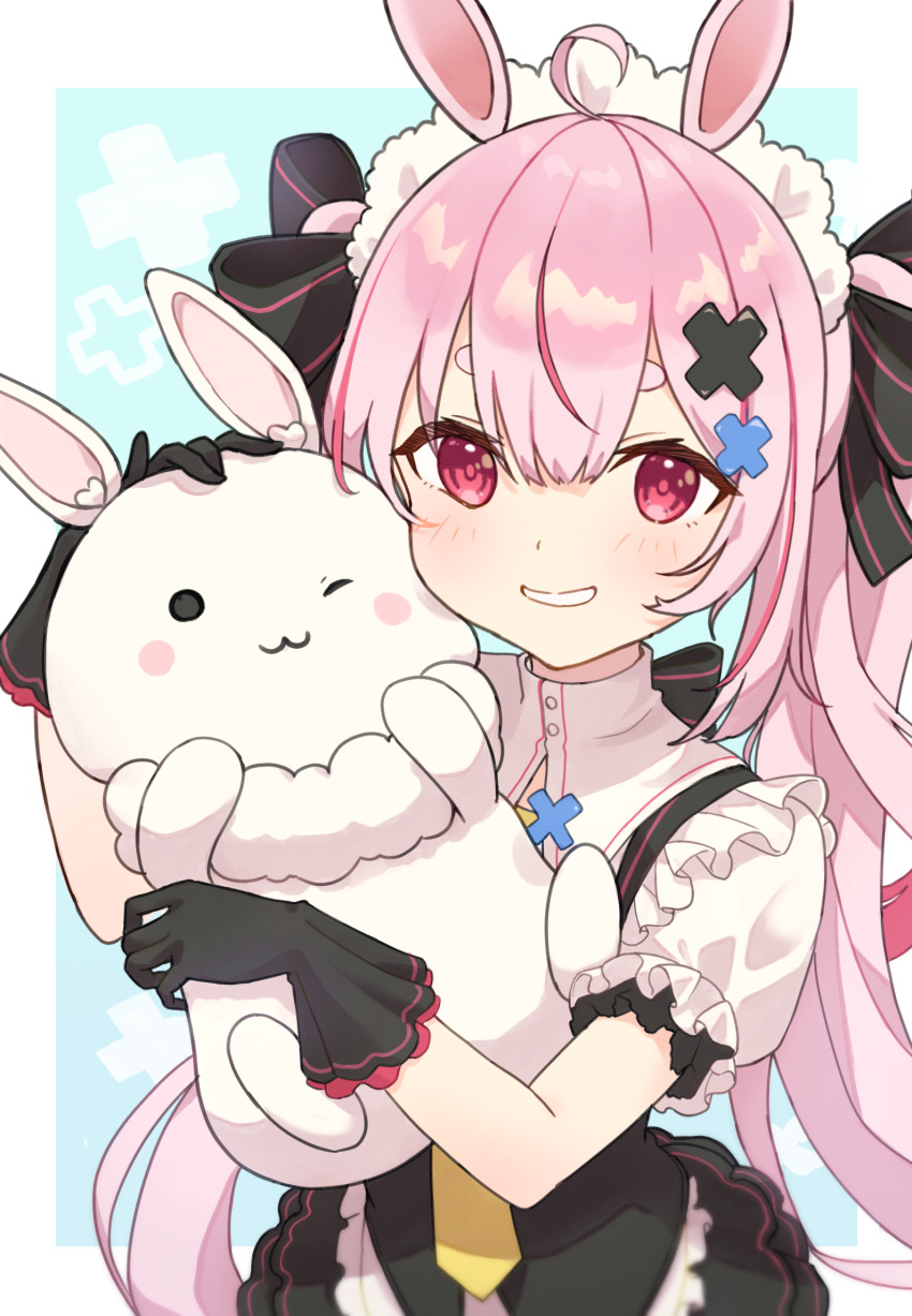 1girl ahoge animal animal_ears black_gloves black_ribbon blue_background blush border commentary_request cowboy_shot dot_nose frilled_gloves frilled_sleeves frills gloves grin hair_between_eyes hair_ornament hair_ribbon highres holding holding_animal indie_virtual_youtuber long_hair looking_at_viewer mochigome_19 multicolored_hair outside_border pink_eyes pink_hair puffy_short_sleeves puffy_sleeves rabbit rabbit_ears rabbit_girl ribbon shirt short_eyebrows short_sleeves sidelocks simple_background smile solo standing streaked_hair thick_eyebrows tomari_mari twintails upper_body very_long_hair virtual_youtuber white_border white_headdress white_shirt x_hair_ornament