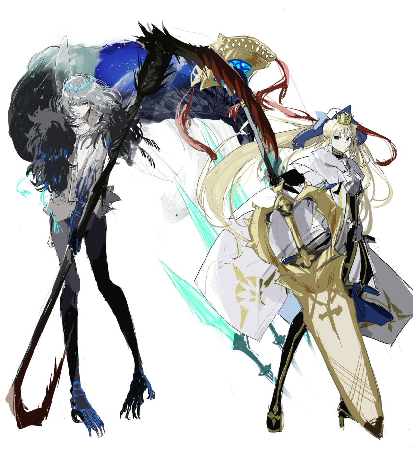 1boy 1girl armor armored_dress arthropod_boy artoria_caster_(fate) artoria_caster_(third_ascension)_(fate) artoria_pendragon_(fate) avalon_le_fae_(fate/grand_order) black_boots black_gloves black_pants black_tabard blonde_hair blue_bow blue_eyes boots bow breastplate cape capelet collared_shirt crown diamond_hairband dress facial_mark fate/grand_order fate_(series) floating_cape floating_hair forehead_mark fur-trimmed_cape fur-trimmed_capelet fur_trim gloves gold_crown green_eyes grey_hair hair_bow highres holding holding_scythe holding_weapon kasukasugom1 long_hair marmyadose_(fate) multicolored_cape multicolored_dress oberon_(fate) oberon_(third_ascension)_(fate) pants ponytail scythe serious shirt short_hair sidelocks simple_background tabard thigh_boots weapon white_background white_cape white_dress white_shirt