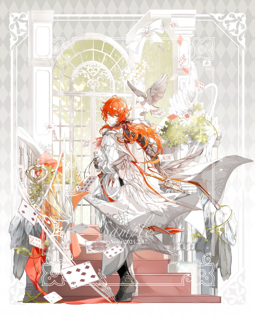 1boy absurdres antenna_hair argyle_background ascot bird black_boots black_gloves black_ribbon boots bow cape card closed_mouth coat crossed_bangs dated day diluc_(genshin_impact) falcon feather_trim floating_card from_behind gem genshin_impact gloves grey_background hair_between_eyes hair_ribbon hand_up highres holding holding_scroll long_coat long_hair long_sleeves looking_at_viewer looking_back low_ponytail male_focus muntins nnnnnova orange_eyes plant playing_card ponytail procreate_(medium) red_ascot red_gemstone red_hair red_ribbon ribbon sample_watermark scroll smile solo stairs statue walking watermark white_bow white_cape white_coat window