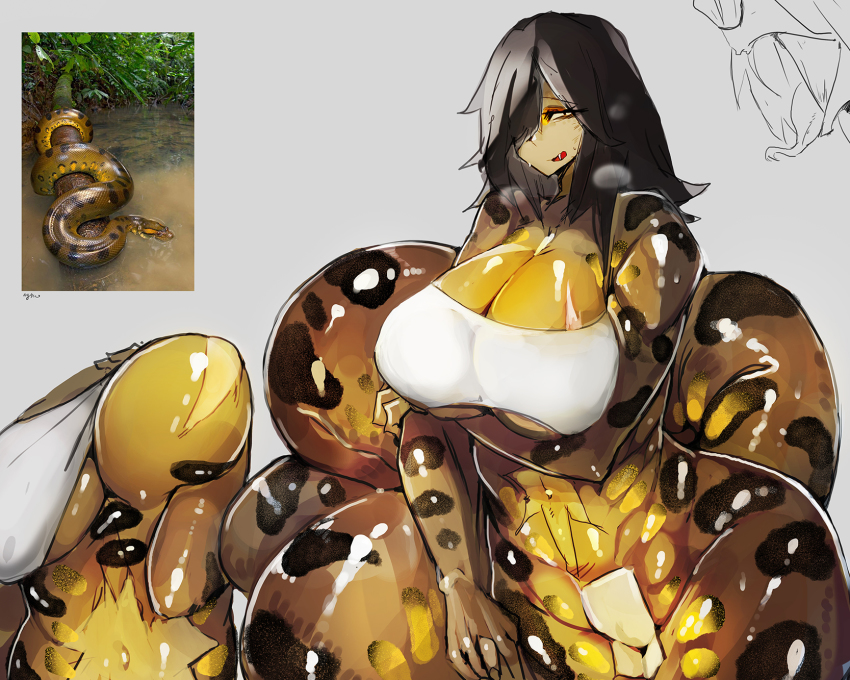 1girl anaconda black_hair breasts cleavage comparison curvy fang hair_over_one_eye highres huge_breasts lamia large_breasts monster_girl multiple_views my700 navel nervous_smile original photo_(medium) photo_inset smile snake