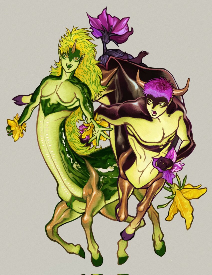2boys blonde_hair centauroid colored_skin commentary_request cow_boy full_body green_skin grey_background highres horns long_hair looking_at_viewer male_focus monster_boy multiple_boys original plant_boy pointy_ears purple_hair short_hair simple_background single_horn solo taur very_short_hair yellow_eyes zapooo_2