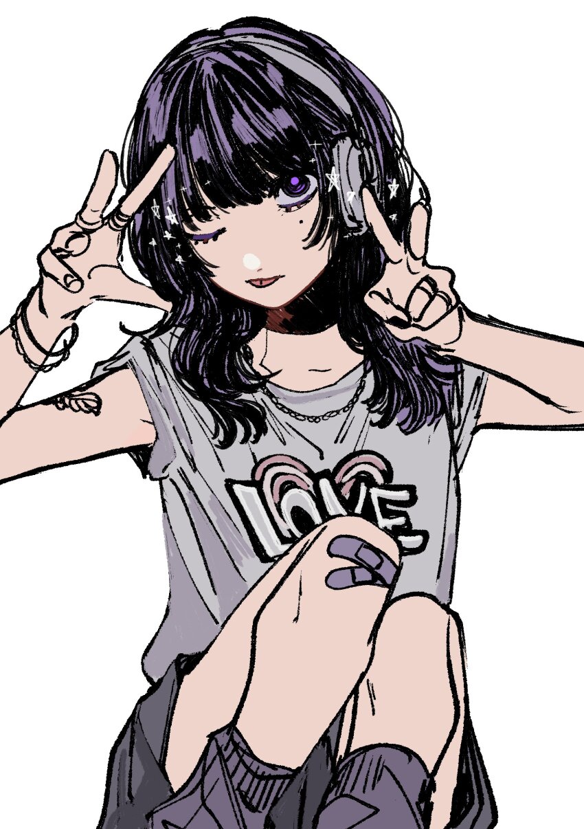 1girl 6noseenji absurdres arm_tattoo bandaid bandaid_on_knee bandaid_on_leg black_skirt grey_shirt hands_up headphones highres jewelry leg_warmers long_hair multiple_rings one_eye_closed original purple_eyes purple_hair purple_leg_warmers ring shirt sitting skirt solo tattoo tongue tongue_out v