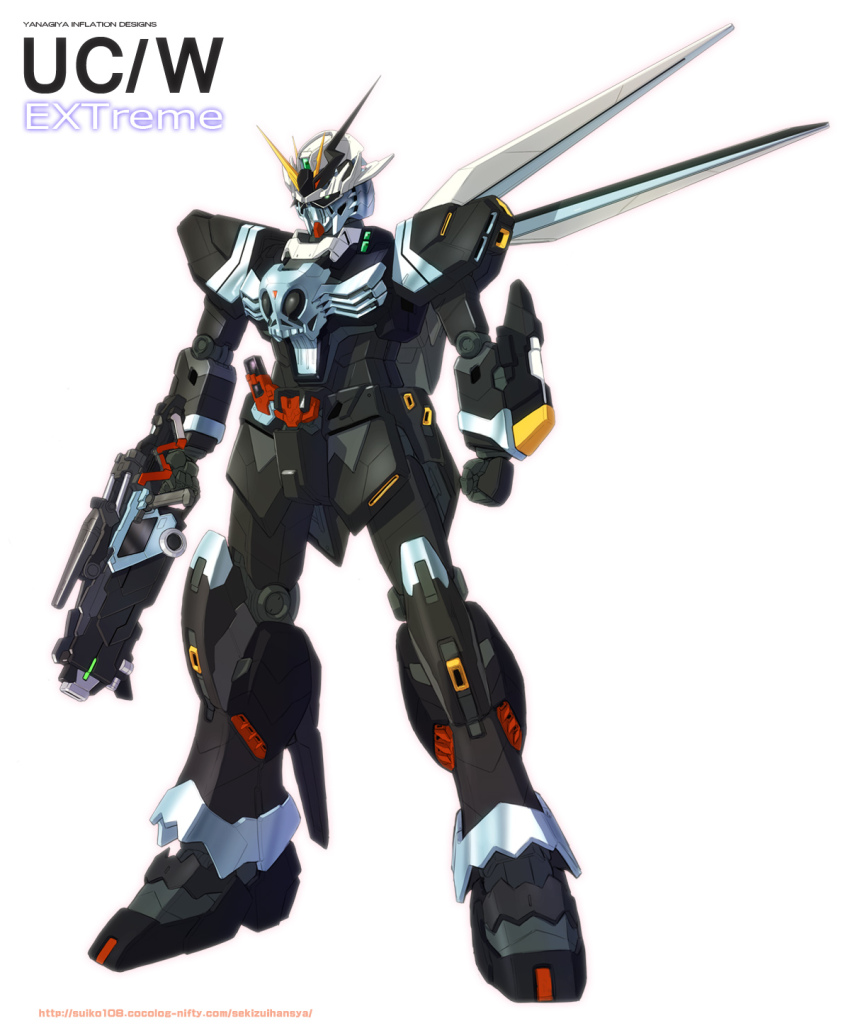 beam_rifle char&#039;s_counterattack commentary_request energy_gun green_eyes gundam highres kamen_rider kamen_rider_skull kamen_rider_w machinery mecha mecha_focus mobile_suit no_humans nu_gundam original redesign robot science_fiction weapon white_background yanagi_joe