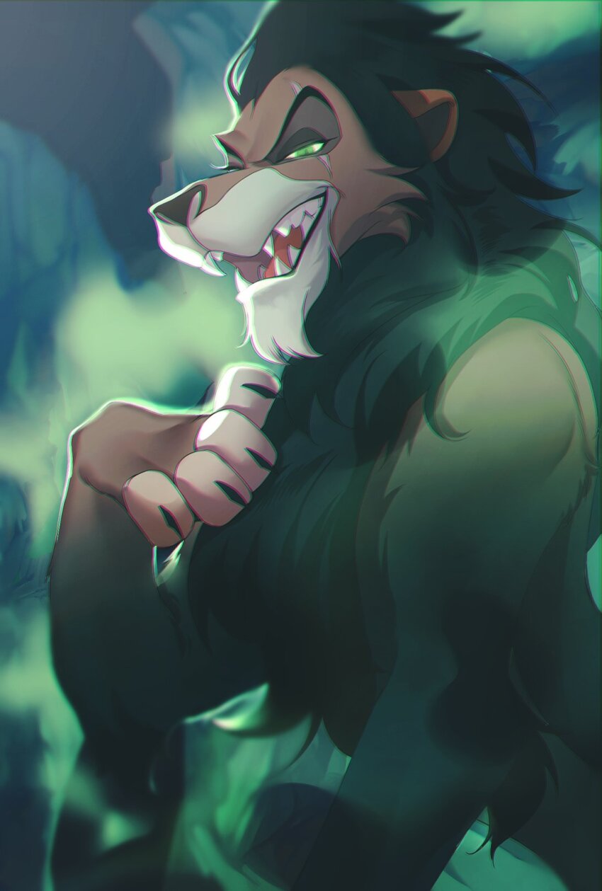 animal_focus chinese_commentary chromatic_aberration claws commentary_request green_eyes highres lion looking_at_viewer no_humans open_mouth scar scar_(the_lion_king) scar_across_eye scar_on_face sharp_teeth smoke solo teeth the_lion_king tobu_(bilibil)