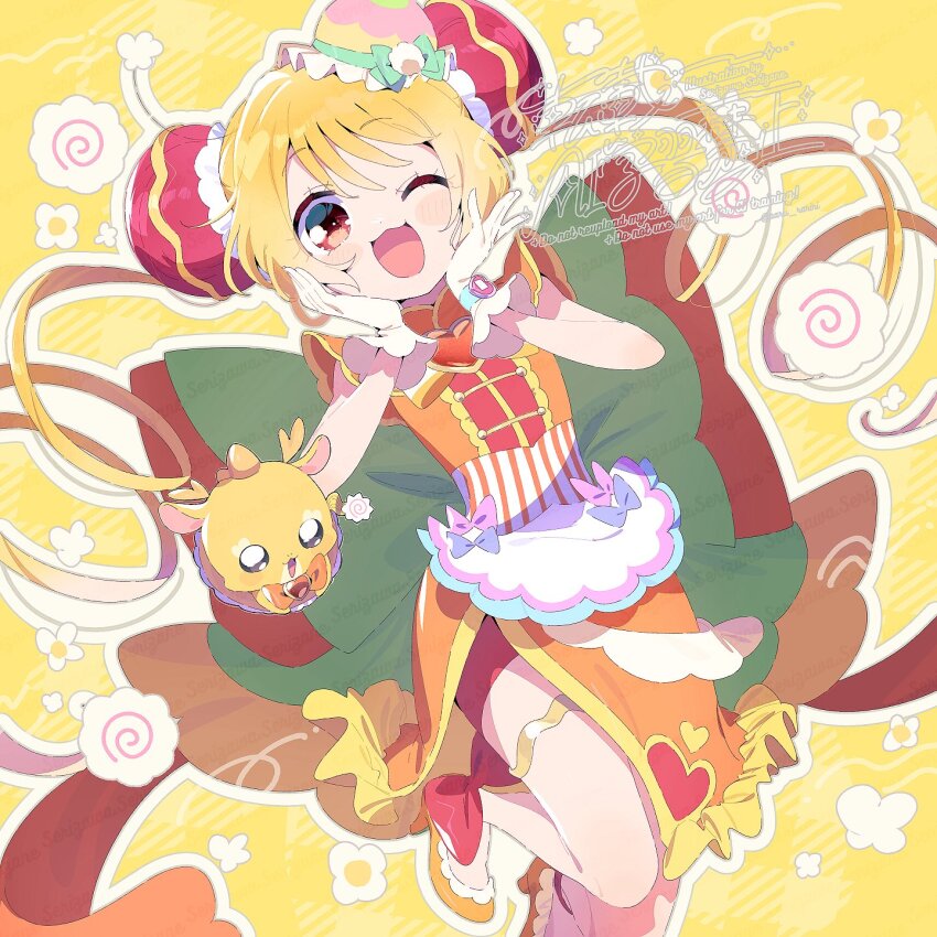 1girl animal ankle_bow ankle_ribbon apron aqua_bow back_bow bare_legs blonde_hair blush_stickers bow bow_apron bowl bowtie brooch bun_cover china_dress chinese_clothes clothed_animal cure_yum-yum deer delicious_party_precure dot_nose double_bun dress drill_hair eyelashes food-themed_hair_ornament foot_out_of_frame frilled_dress frilled_gloves frills gloves gold_thighlet green_bow hair_bow hair_bun hair_ornament hanamichi_ran hands_on_own_cheeks hands_on_own_face happy heart heart_brooch heart_print high_heels highres jewelry knees large_bow leg_up long_hair looking_at_viewer magical_girl mem-mem_(precure) one_eye_closed open_mouth orange_brooch orange_dress orange_shoes outline pink_bow plaid_background pom_pom_(clothes) pom_pom_hair_ornament precure purple_bow red_bow red_eyes red_shorts ribbon serizawa_serizane shoes short_dress short_shorts shorts side_slit smile striped_bow striped_bowtie striped_clothes swept_bangs tareme twin_drills twintails twitter_username two-tone_bow two-tone_bowtie very_long_hair waist_apron watch watermark white_apron white_bow white_bowtie white_gloves white_outline wristwatch yellow_background yellow_bow yellow_bowtie