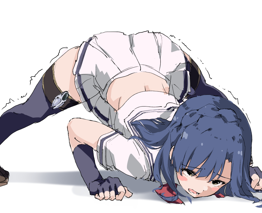 1girl black_gloves black_thighhighs blue_hair blush_stickers braid brown_footwear commentary_request elbow_gloves exhausted fingerless_gloves gloves hands_on_floor highres idol_heroes_(idolmaster) idolmaster idolmaster_million_live! jack-o&#039;_challenge medium_hair mighty_sailor miniskirt nanao_yuriko neckerchief open_mouth rauto red_neckerchief sailor_collar shirt short_sleeves skirt solo thighhighs top-down_bottom-up trembling white_background white_shirt white_skirt yellow_eyes