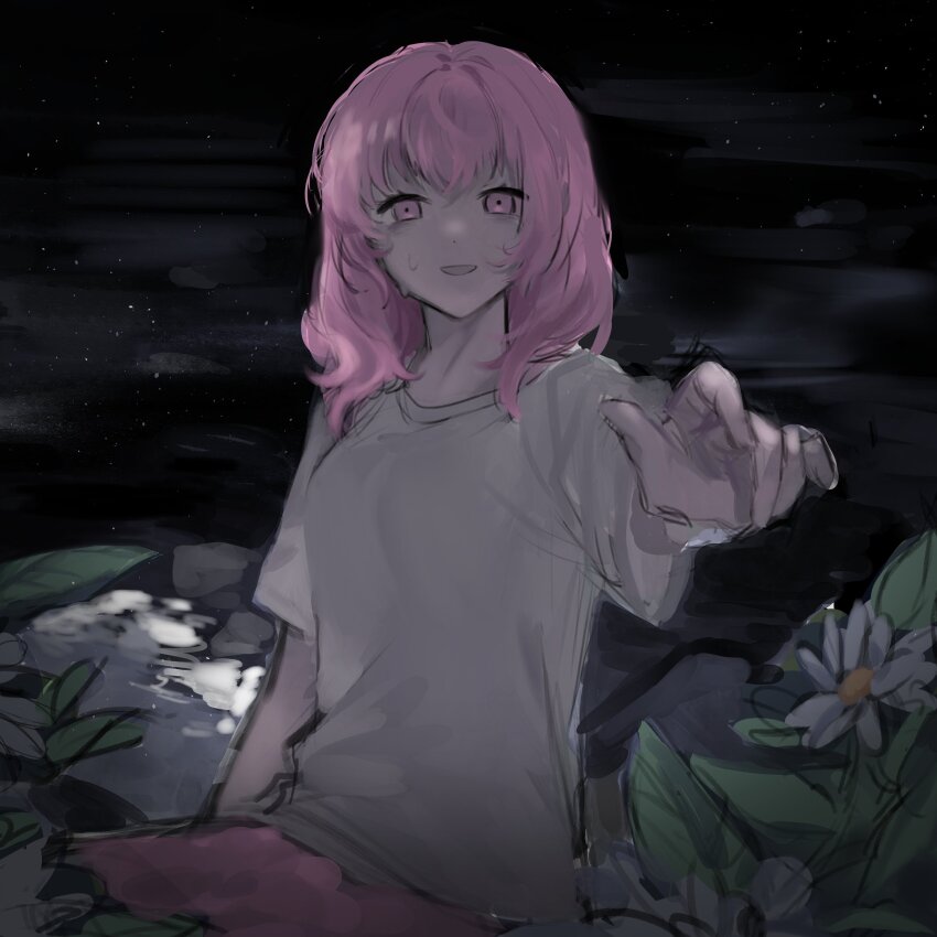 1girl absurdres bags_under_eyes breasts cowboy_shot dosa_(_angrim5) flower highres iyowa_girls large_breasts looking_at_viewer medium_hair mermaid monster_girl night open_mouth outdoors pink_eyes pink_hair pond reaching reaching_towards_viewer shirt short_sleeves sitting smile solo suishitai-chan_(iyowa) suishitai_ni_modoranaide_(vocaloid) water white_flower white_shirt