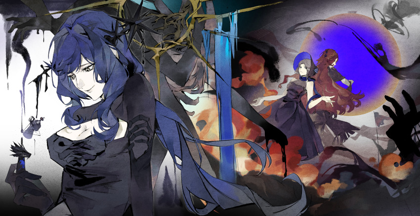 3girls absurdres arcana_(reverse:1999) black_dress black_gloves black_hat blue_eyes blue_hair bonnet breasts chess_piece cleavage cleavage_cutout closed_mouth clothing_cutout dress ein_(einnnn) elbow_gloves fire gloves gradient_background grey_background hand_up hat highres holding holding_chess_piece long_hair long_sleeves looking_at_object looking_at_viewer low_ponytail medium_breasts ms._grace_(reverse:1999) multiple_girls ponytail red_hair reverse:1999 sleeveless sleeveless_dress smile solo_focus sophia_(manus_vindictae)_(reverse:1999) sophia_(reverse:1999) very_long_hair wand_in_head yellow_eyes
