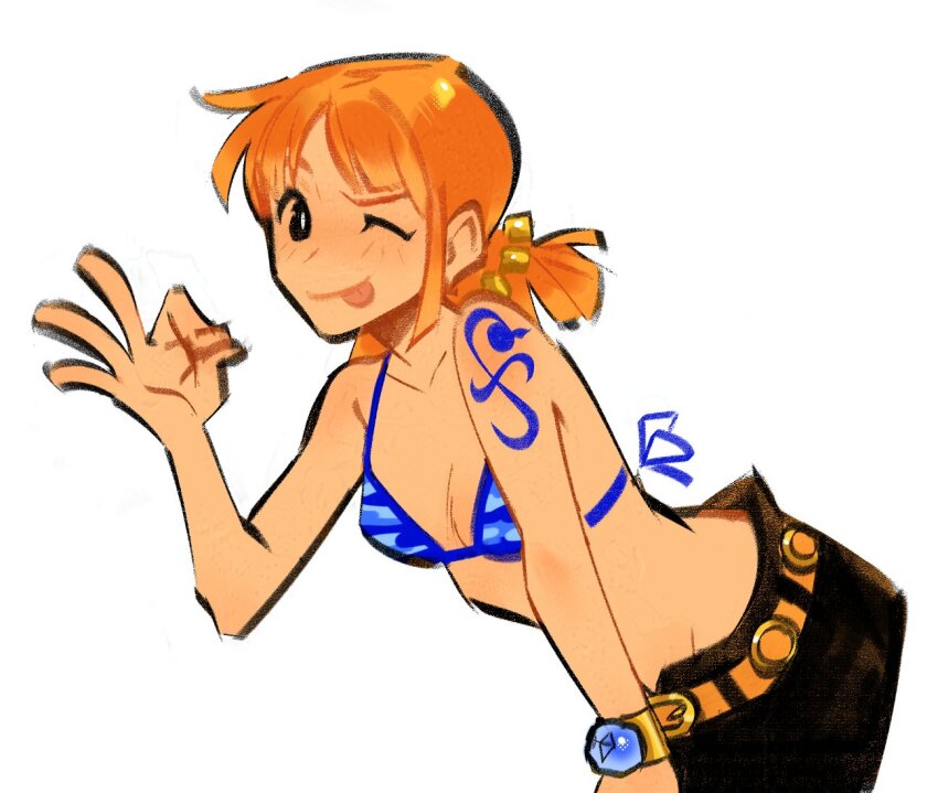 1girl arm_tattoo belt bikini bikini_top_only black_pants log_pose looking_at_viewer nami_(one_piece) nami_(one_piece)_(skypiea) ok_sign one_eye_closed one_piece orange_hair pants simple_background swimsuit tattoo tongue tongue_out twintails valerie_garnace white_background wink