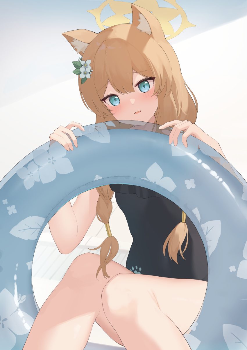 1girl absurdres animal_ear_fluff animal_ears black_one-piece_swimsuit blue_archive blue_eyes blue_innertube blush braid casual_one-piece_swimsuit cat_ears commentary_request cowboy_shot double-parted_bangs eyelashes floral_print flower furrowed_brow hair_between_eyes hair_flower hair_ornament halo hands_up highres holding holding_swim_ring hotarihotaru innertube knees_up leaf_hair_ornament long_hair looking_at_viewer low_twintails mari_(blue_archive) mari_(swimsuit)_(blue_archive) official_alternate_costume one-piece_swimsuit open_mouth orange_hair shy sitting solo swim_ring swimsuit tsurime twin_braids twintails white_flower yellow_halo
